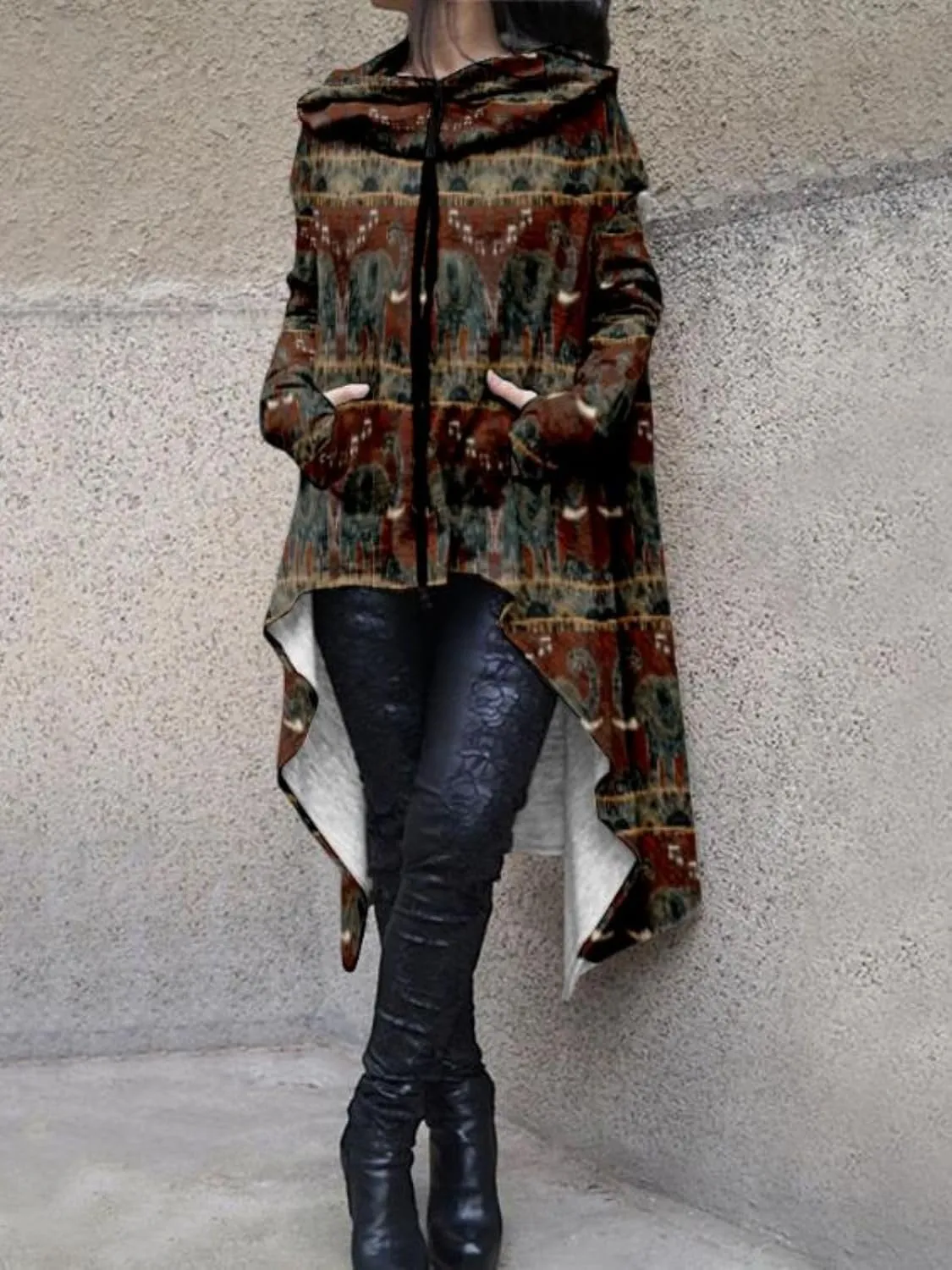 Womens Hoodies Cloak Oversized Aztec Fall High Low Pullover Robe Poncho Shirt Dress Hooded Sweatshirt with Pocket