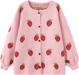 Women's Kawaii Strawberry Knit Oversized Sweater Cute Cardigan Open Front Aesthetic for Teen Girls Y2k Korean Jacket Tops