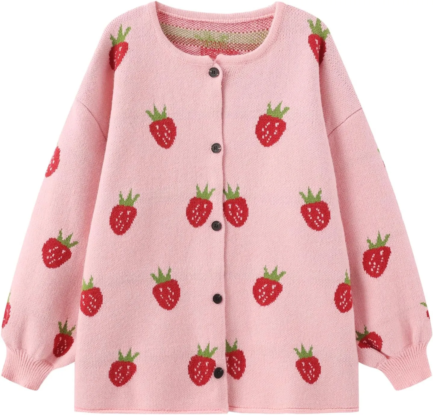 Women's Kawaii Strawberry Knit Oversized Sweater Cute Cardigan Open Front Aesthetic for Teen Girls Y2k Korean Jacket Tops