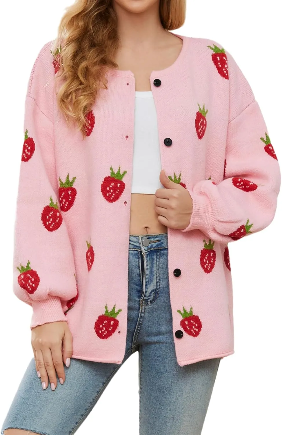 Women's Kawaii Strawberry Knit Oversized Sweater Cute Cardigan Open Front Aesthetic for Teen Girls Y2k Korean Jacket Tops