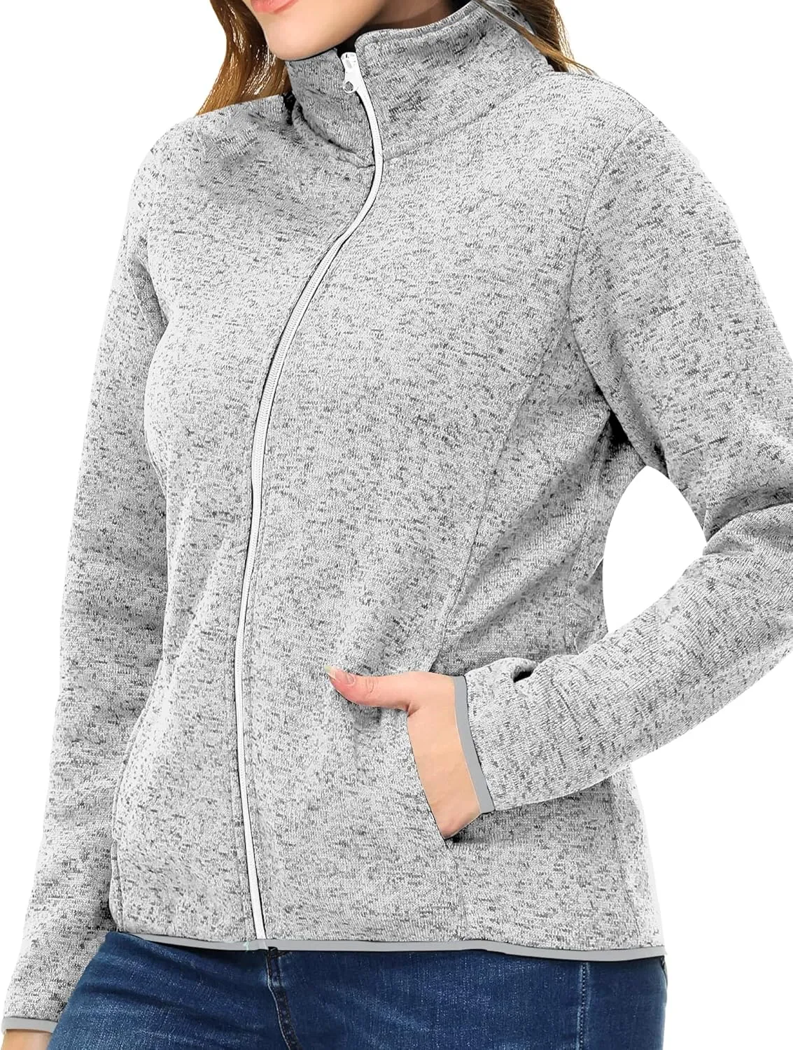 Womens Knitted Sweater Unique Speckled Zip Up Fleece Jacket, All Season Heather Cardigan