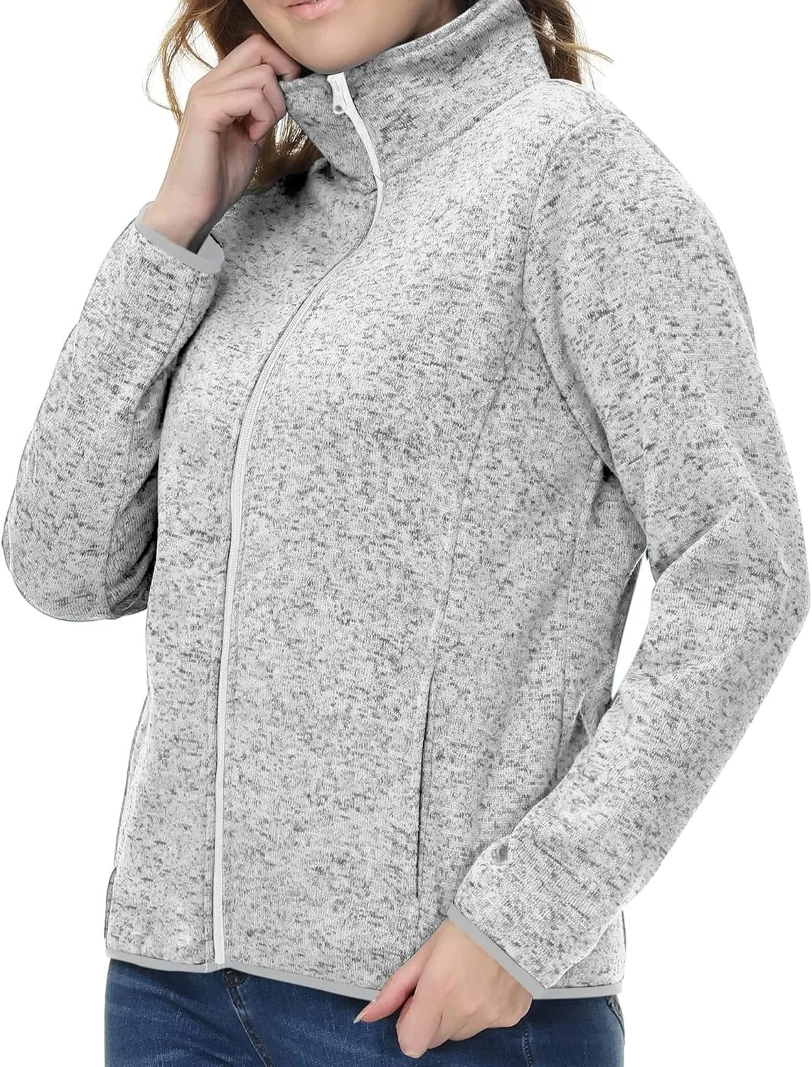 Womens Knitted Sweater Unique Speckled Zip Up Fleece Jacket, All Season Heather Cardigan