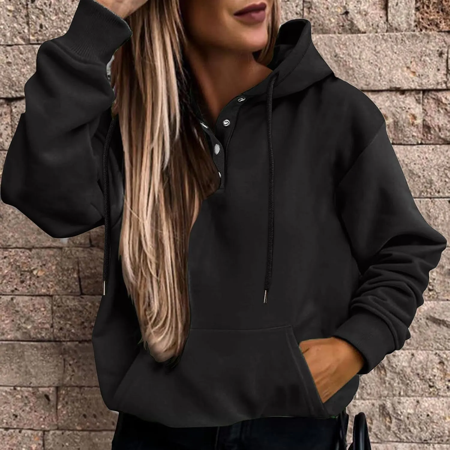 Women's Long Sleeve Oversized Pullover Solid Color Letter Print Hoodie Fall Winter Loose Sweatshirt with Pockets