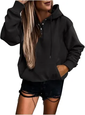 Women's Long Sleeve Oversized Pullover Solid Color Letter Print Hoodie Fall Winter Loose Sweatshirt with Pockets