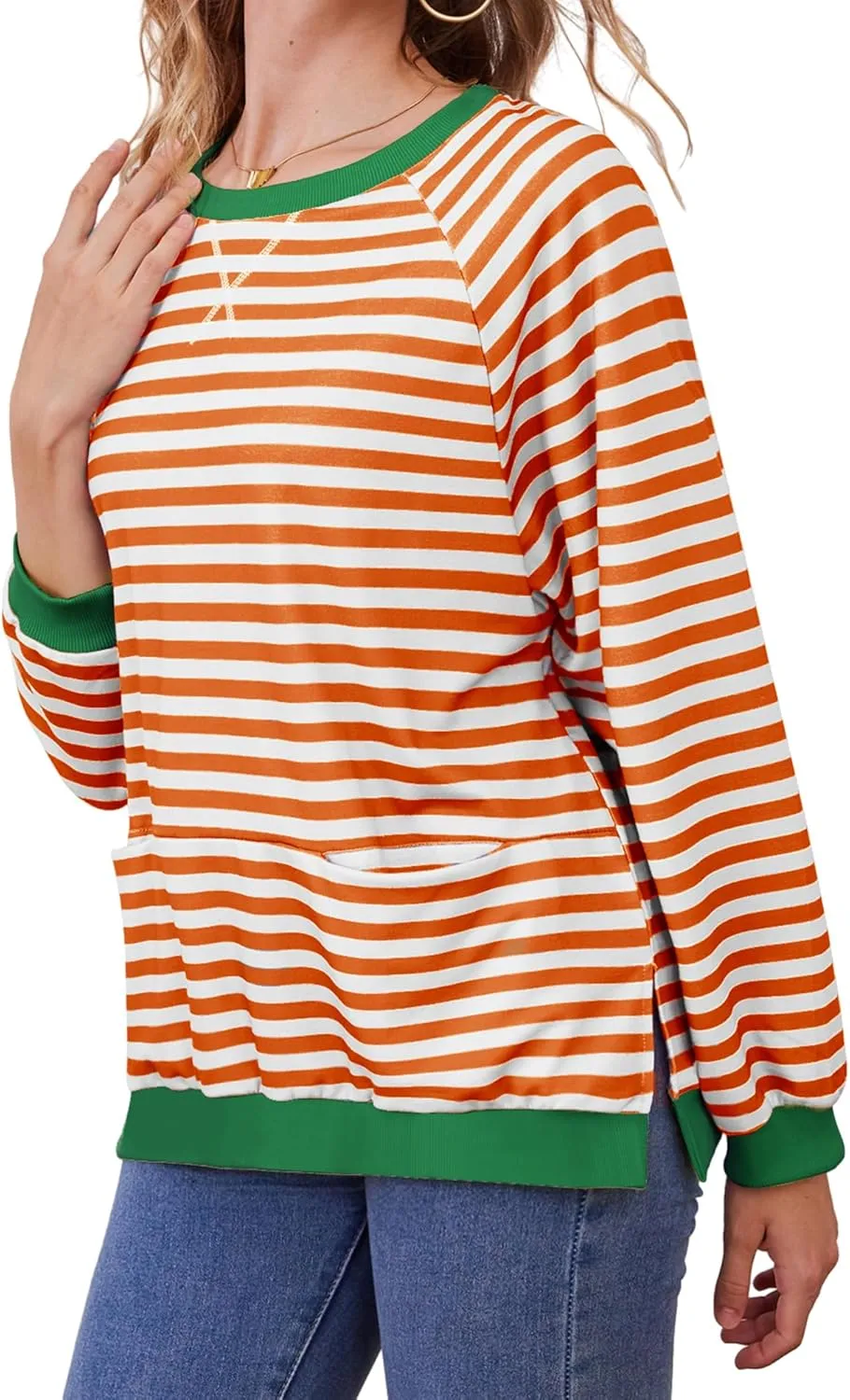 Womens Long Sleeve Oversized Sweatshirt Striped Crewneck Casual Loose Pullover Tops with Pockets