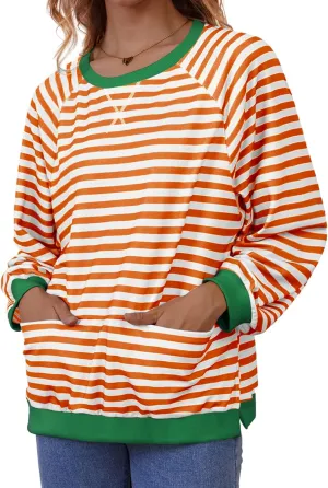 Womens Long Sleeve Oversized Sweatshirt Striped Crewneck Casual Loose Pullover Tops with Pockets