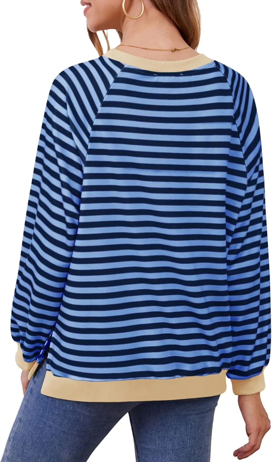 Womens Long Sleeve Oversized Sweatshirt Striped Crewneck Casual Loose Pullover Tops with Pockets