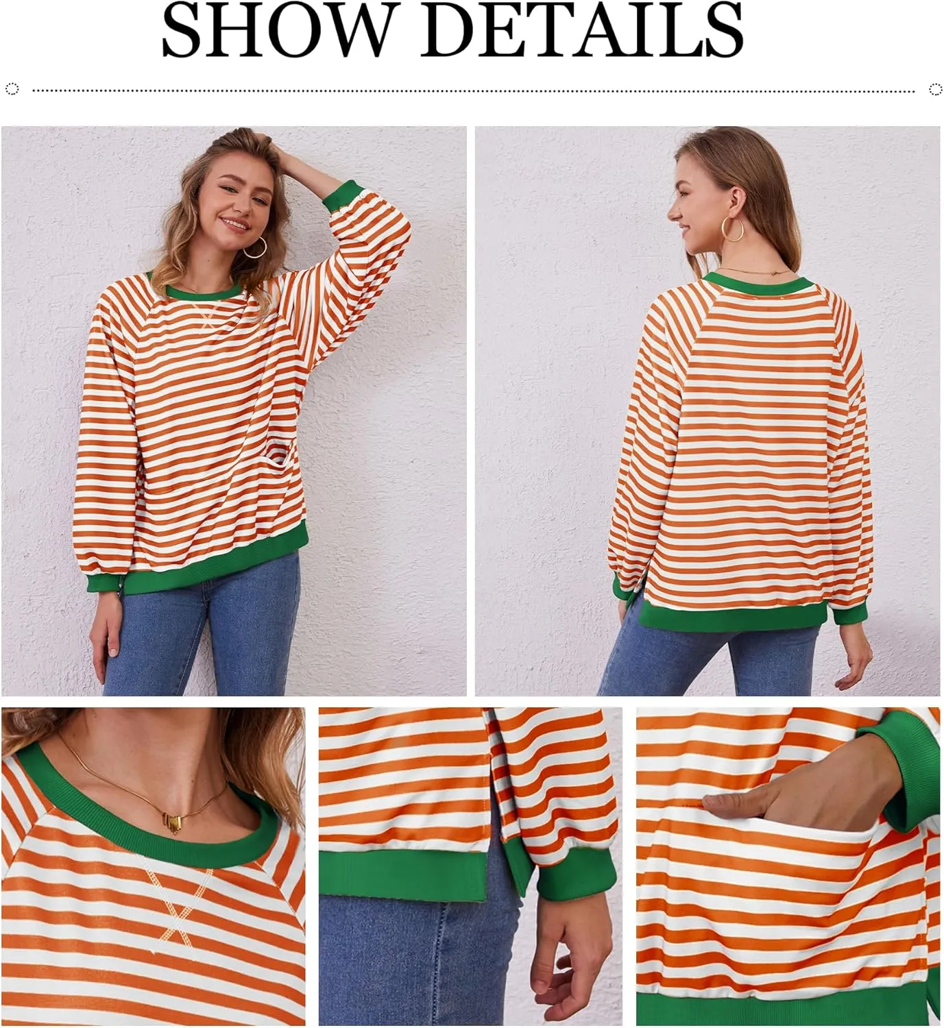 Womens Long Sleeve Oversized Sweatshirt Striped Crewneck Casual Loose Pullover Tops with Pockets