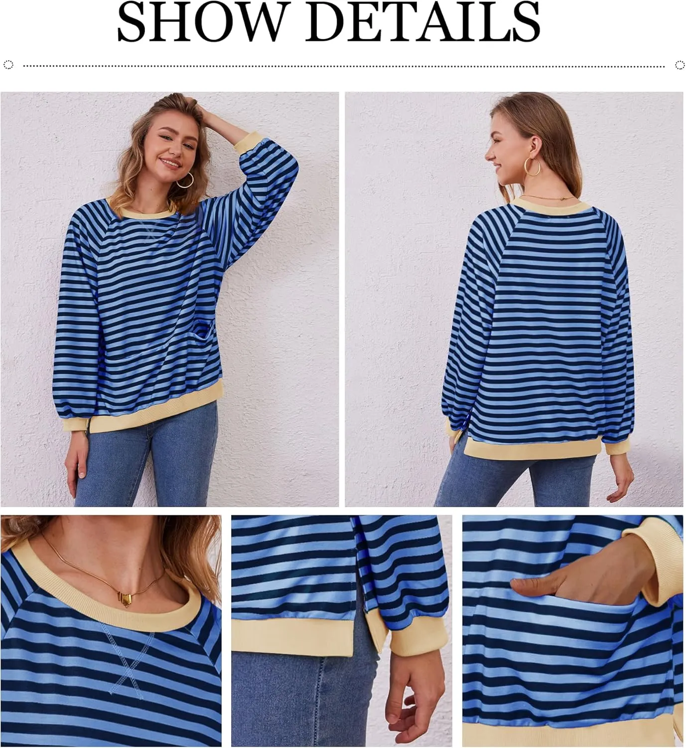 Womens Long Sleeve Oversized Sweatshirt Striped Crewneck Casual Loose Pullover Tops with Pockets
