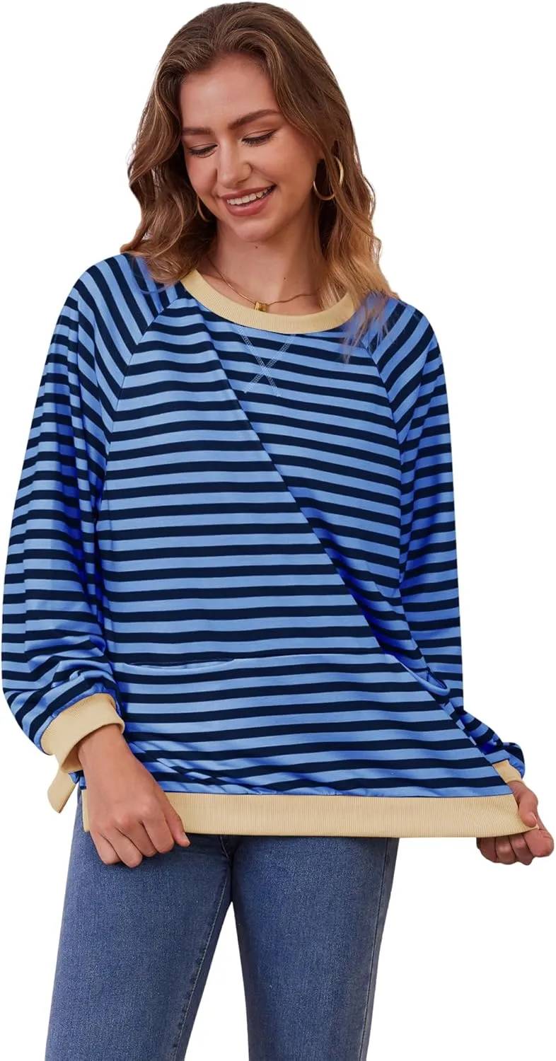 Womens Long Sleeve Oversized Sweatshirt Striped Crewneck Casual Loose Pullover Tops with Pockets