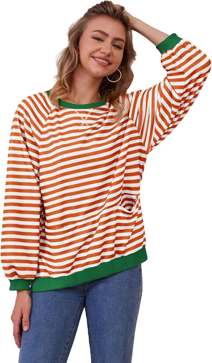Womens Long Sleeve Oversized Sweatshirt Striped Crewneck Casual Loose Pullover Tops with Pockets