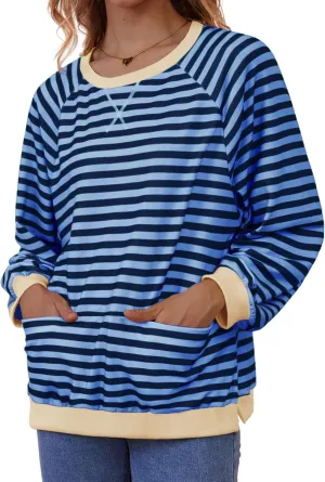 Womens Long Sleeve Oversized Sweatshirt Striped Crewneck Casual Loose Pullover Tops with Pockets