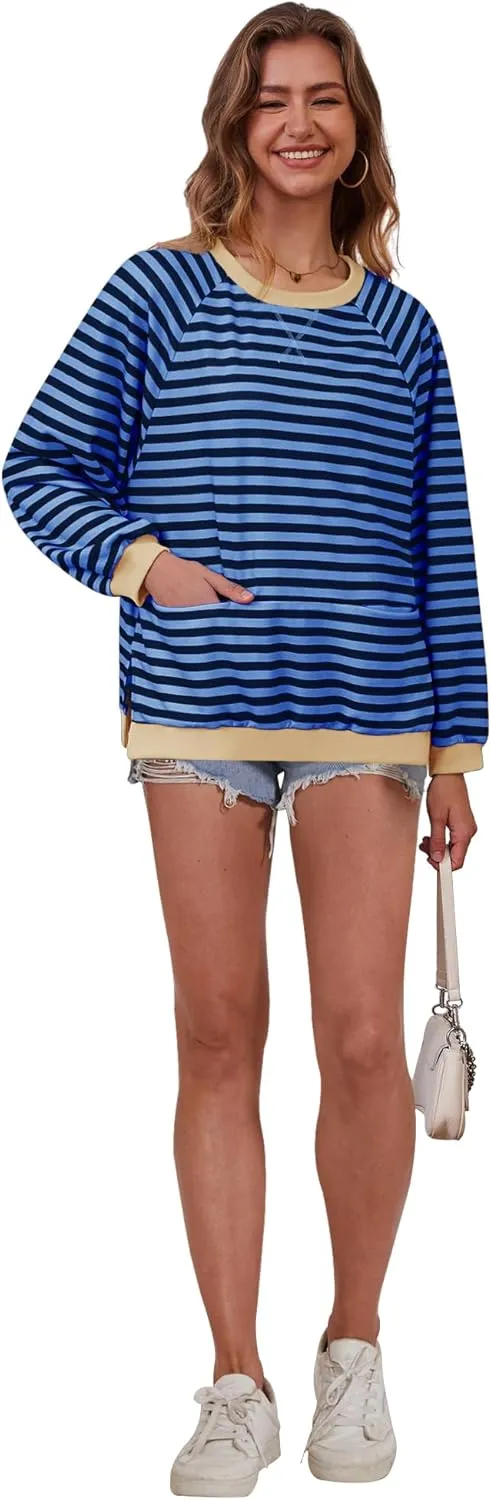Womens Long Sleeve Oversized Sweatshirt Striped Crewneck Casual Loose Pullover Tops with Pockets