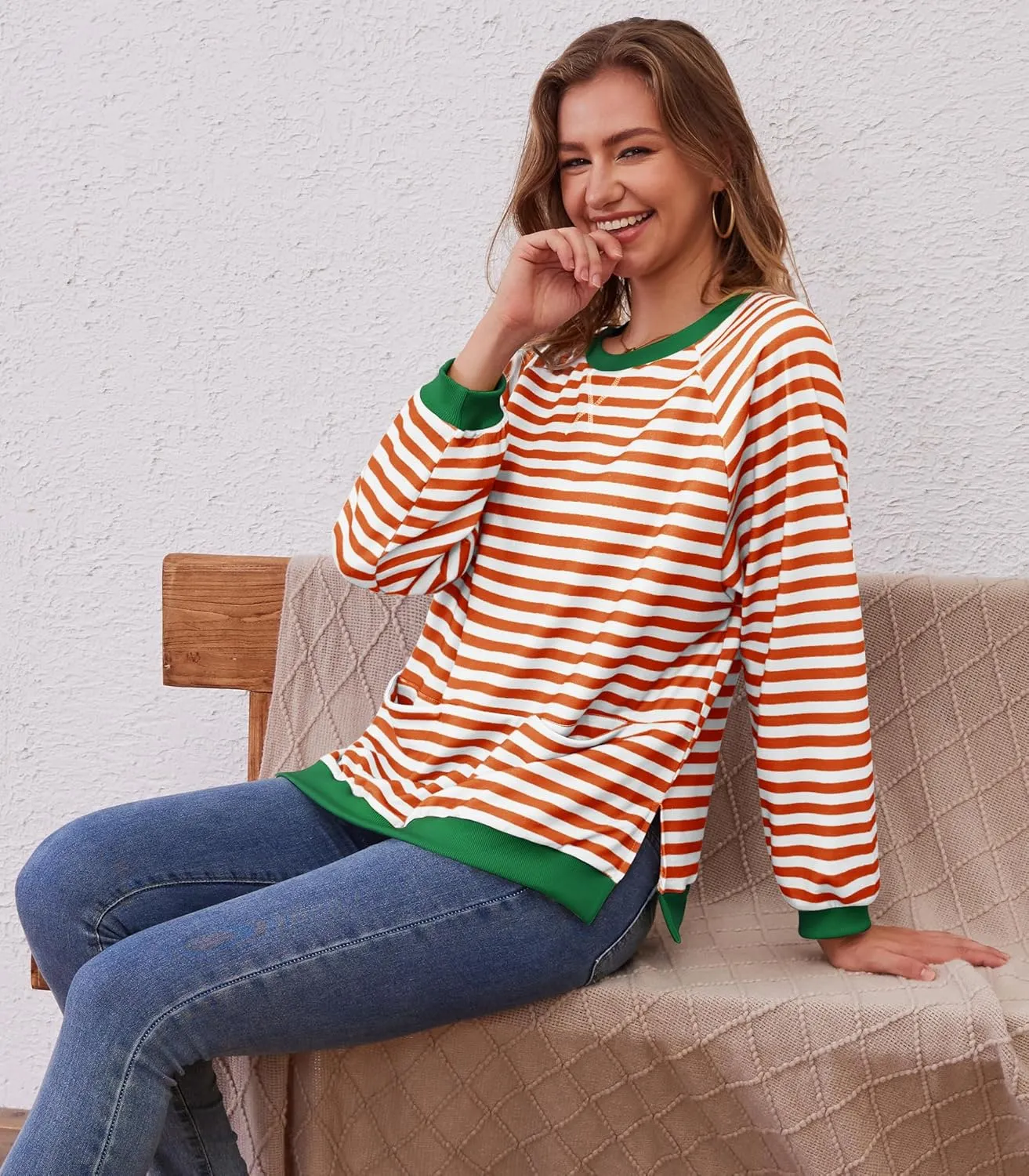 Womens Long Sleeve Oversized Sweatshirt Striped Crewneck Casual Loose Pullover Tops with Pockets