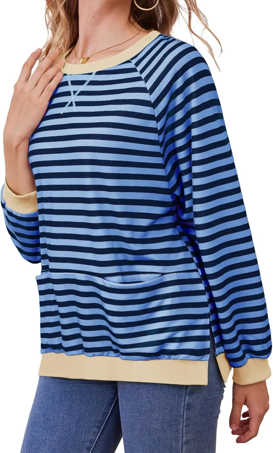 Womens Long Sleeve Oversized Sweatshirt Striped Crewneck Casual Loose Pullover Tops with Pockets