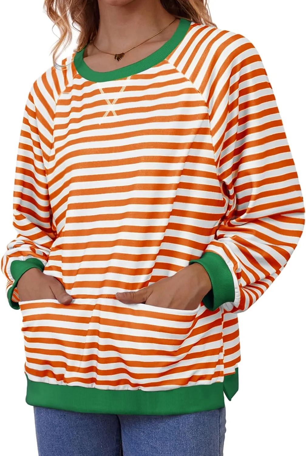 Womens Long Sleeve Oversized Sweatshirt Striped Crewneck Casual Loose Pullover Tops with Pockets