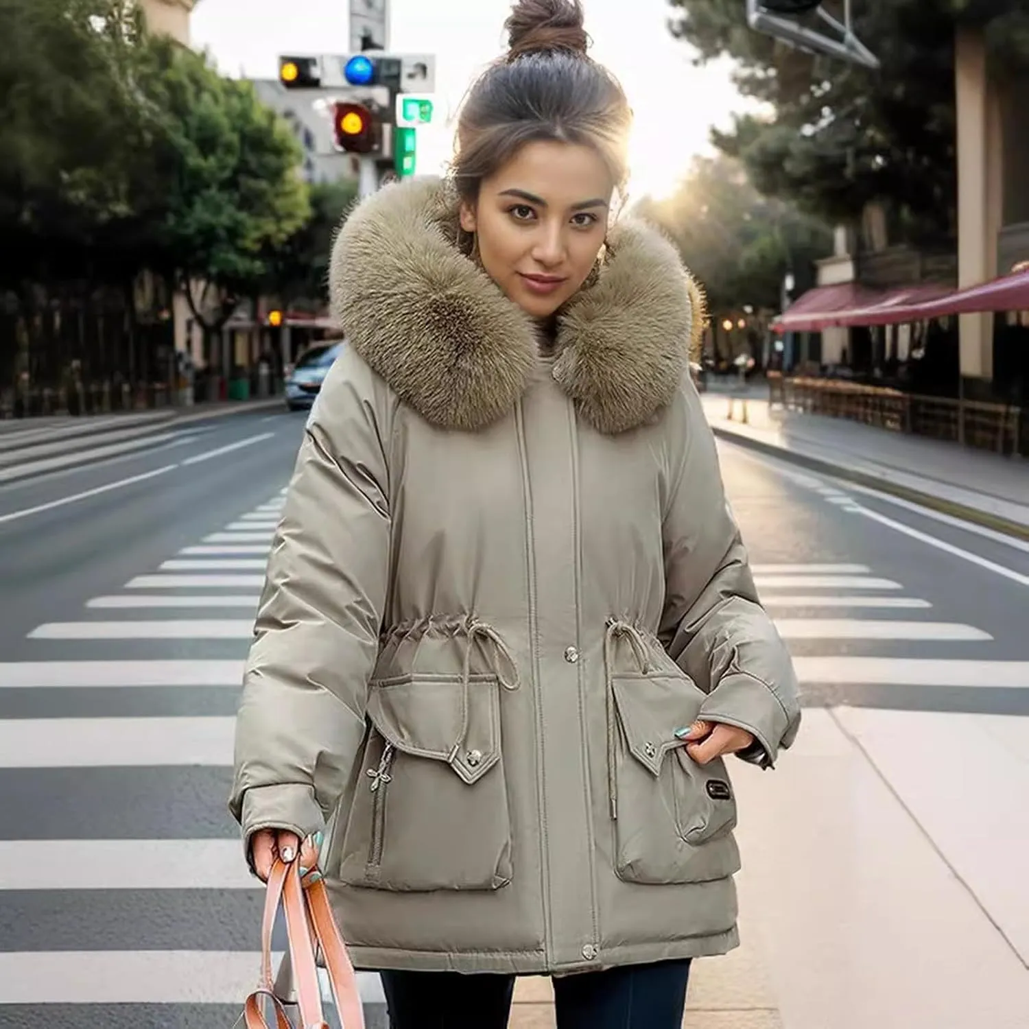 Women's Long Sleeve Winter Parka Coat With Faux Fur Hood Warm Windproof Jacket For Cold