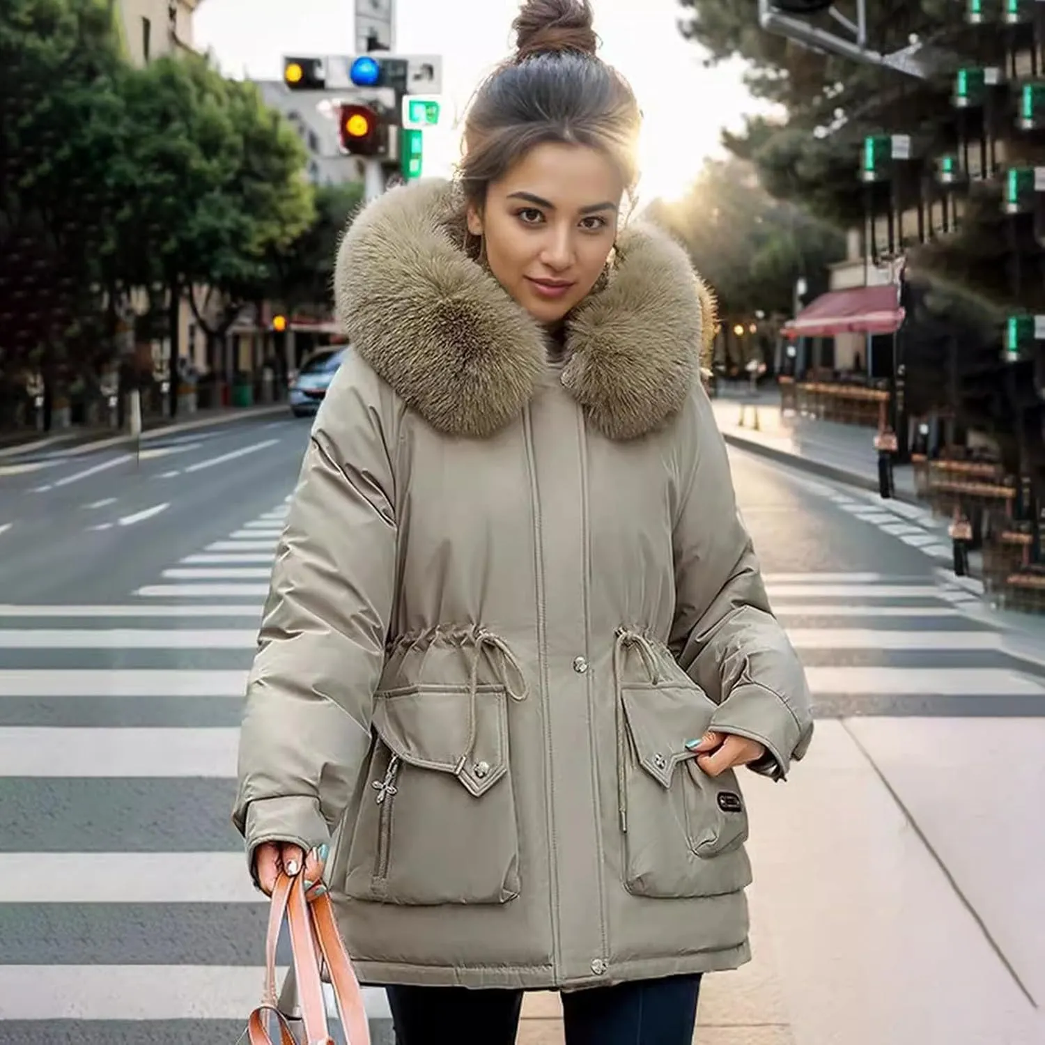 Women's Long Sleeve Winter Parka Coat With Faux Fur Hood Warm Windproof Jacket For Cold