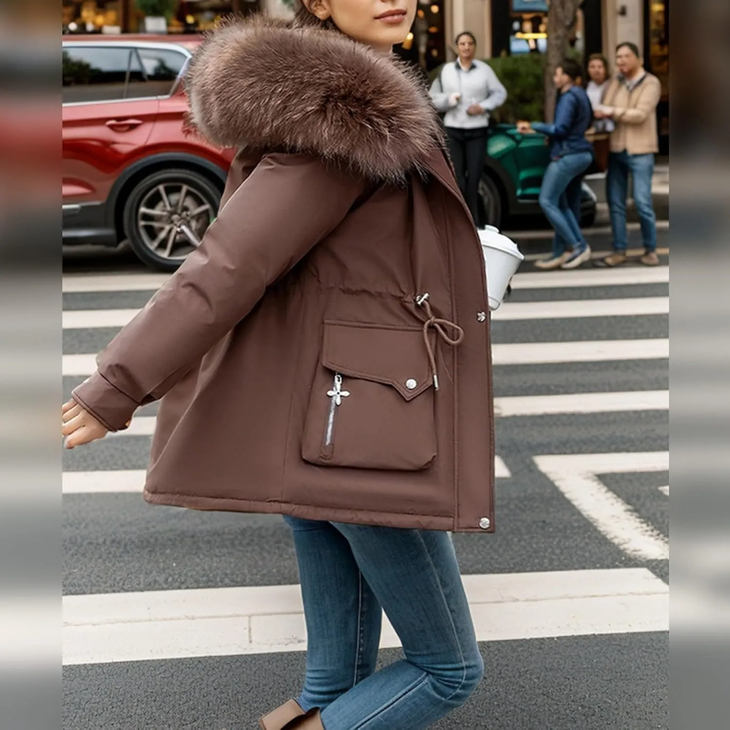Women's Long Sleeve Winter Parka Coat With Faux Fur Hood Warm Windproof Jacket For Cold
