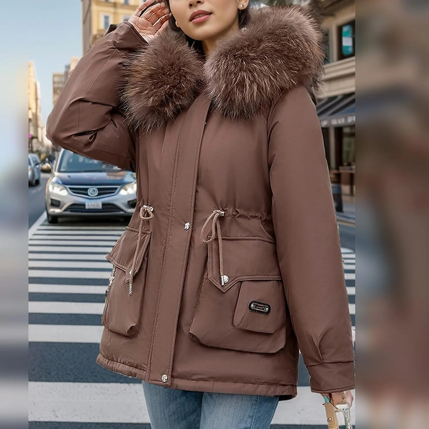 Women's Long Sleeve Winter Parka Coat With Faux Fur Hood Warm Windproof Jacket For Cold