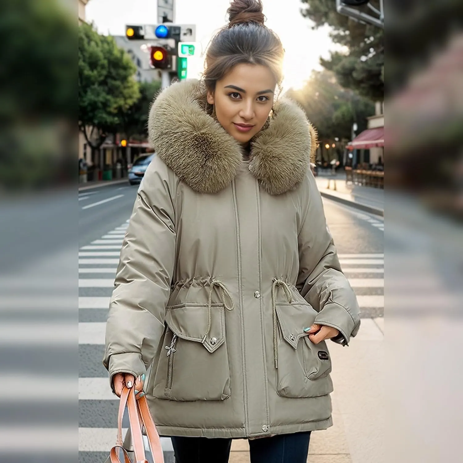 Women's Long Sleeve Winter Parka Coat With Faux Fur Hood Warm Windproof Jacket For Cold