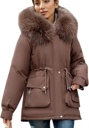 Women's Long Sleeve Winter Parka Coat With Faux Fur Hood Warm Windproof Jacket For Cold