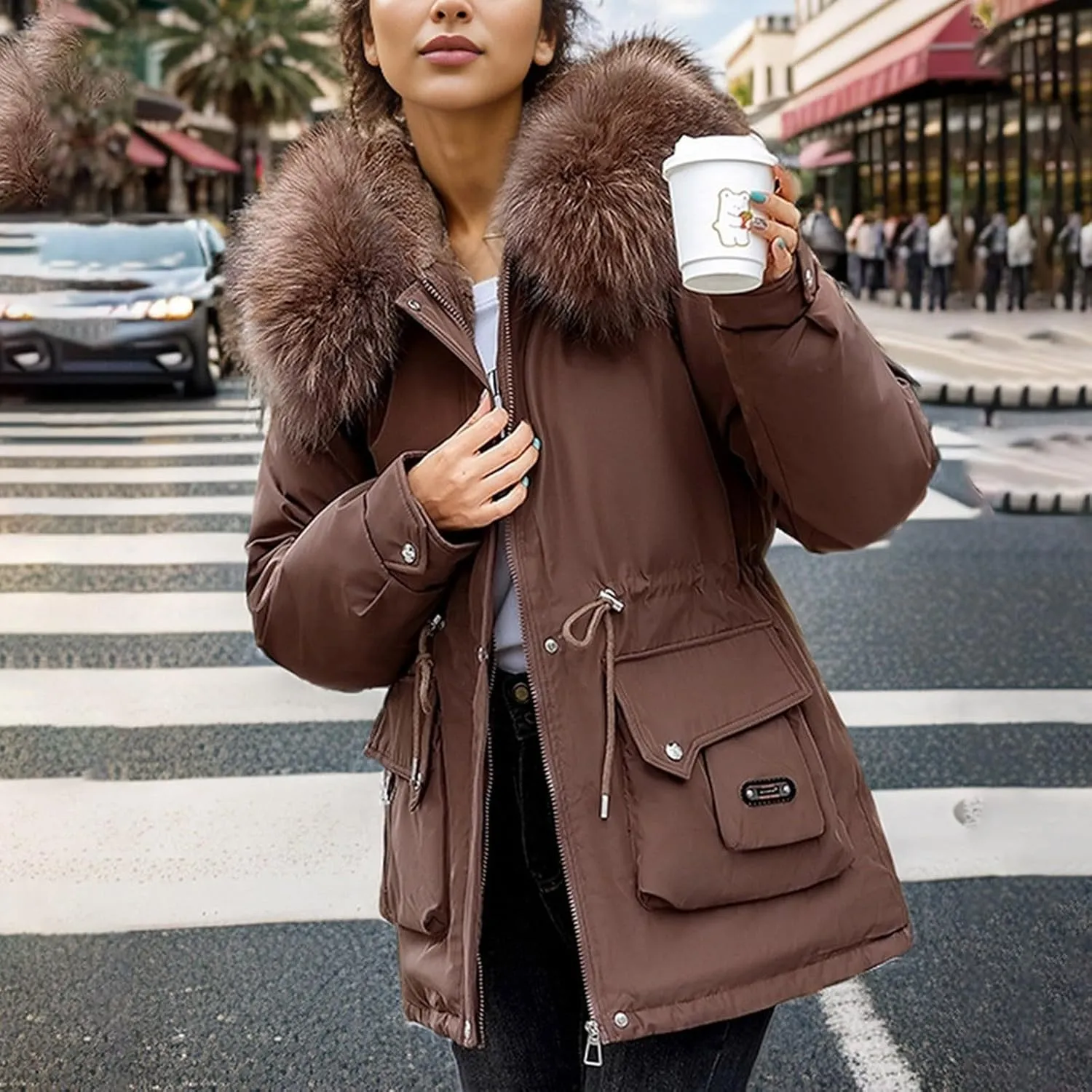 Women's Long Sleeve Winter Parka Coat With Faux Fur Hood Warm Windproof Jacket For Cold