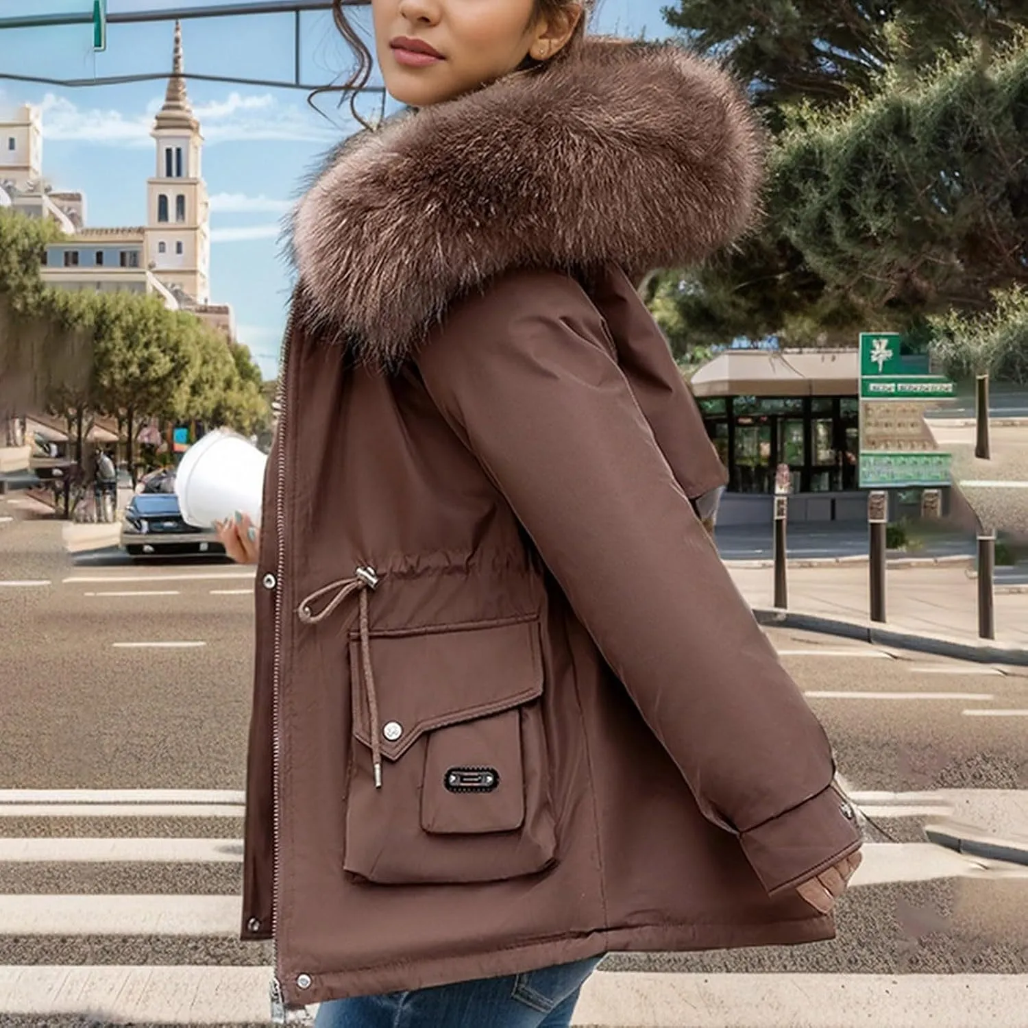 Women's Long Sleeve Winter Parka Coat With Faux Fur Hood Warm Windproof Jacket For Cold