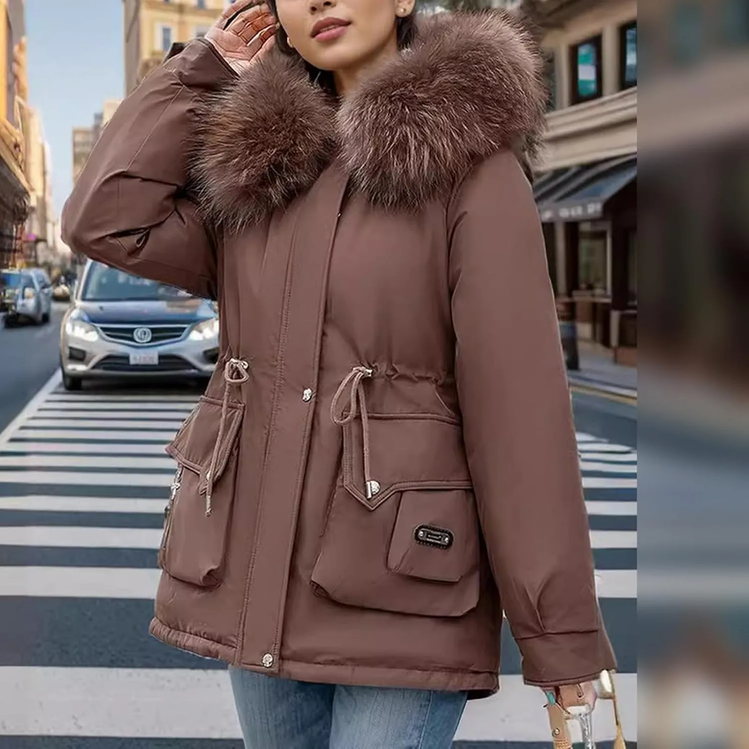 Women's Long Sleeve Winter Parka Coat With Faux Fur Hood Warm Windproof Jacket For Cold