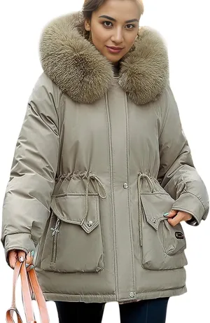 Women's Long Sleeve Winter Parka Coat With Faux Fur Hood Warm Windproof Jacket For Cold