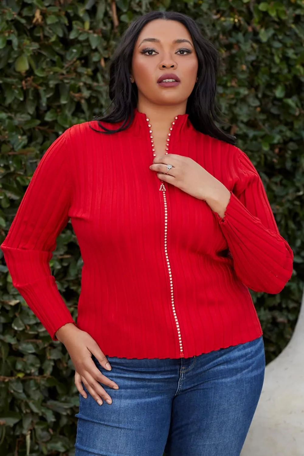 Women's Long Sleeve Zip Up Sweaters for Women Knit Cardigan with Diamond Zipper