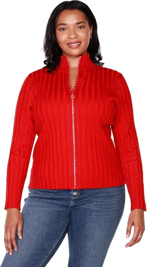 Women's Long Sleeve Zip Up Sweaters for Women Knit Cardigan with Diamond Zipper