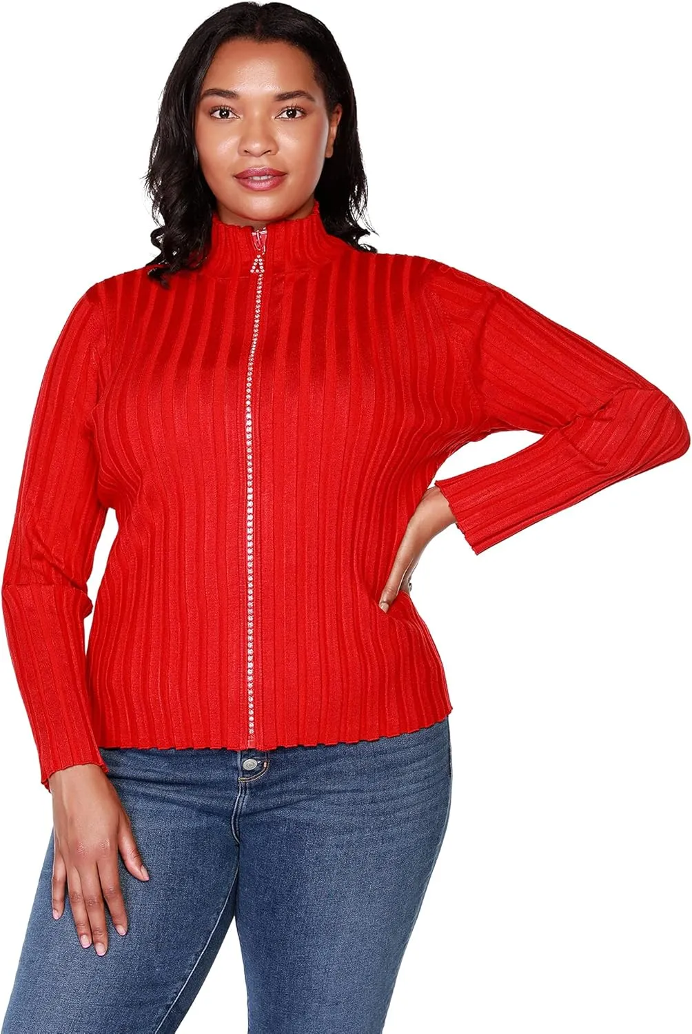 Women's Long Sleeve Zip Up Sweaters for Women Knit Cardigan with Diamond Zipper