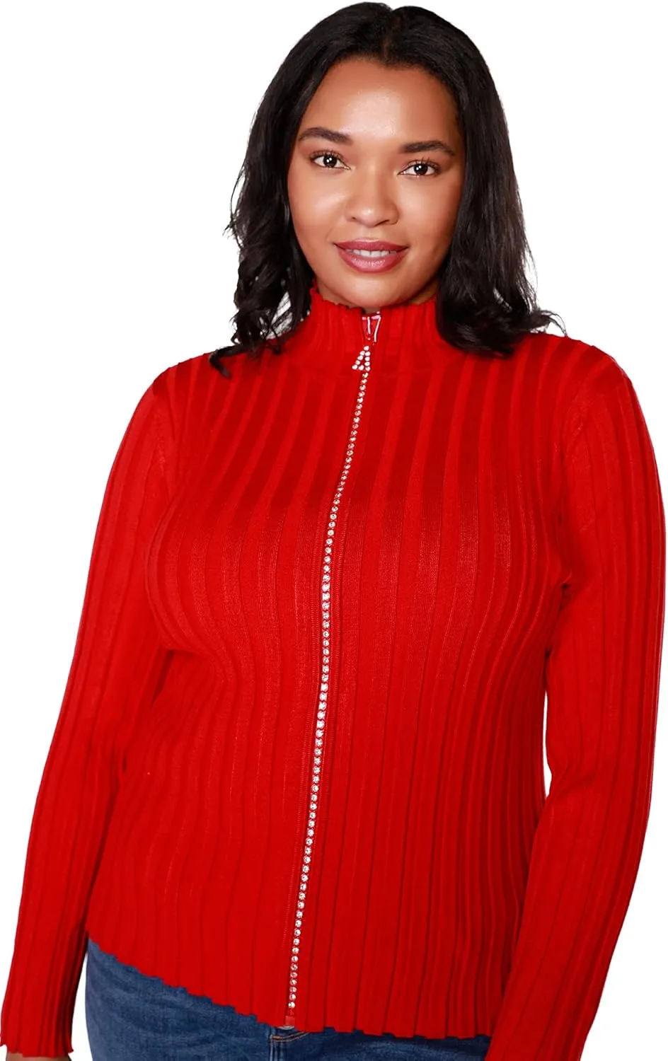Women's Long Sleeve Zip Up Sweaters for Women Knit Cardigan with Diamond Zipper