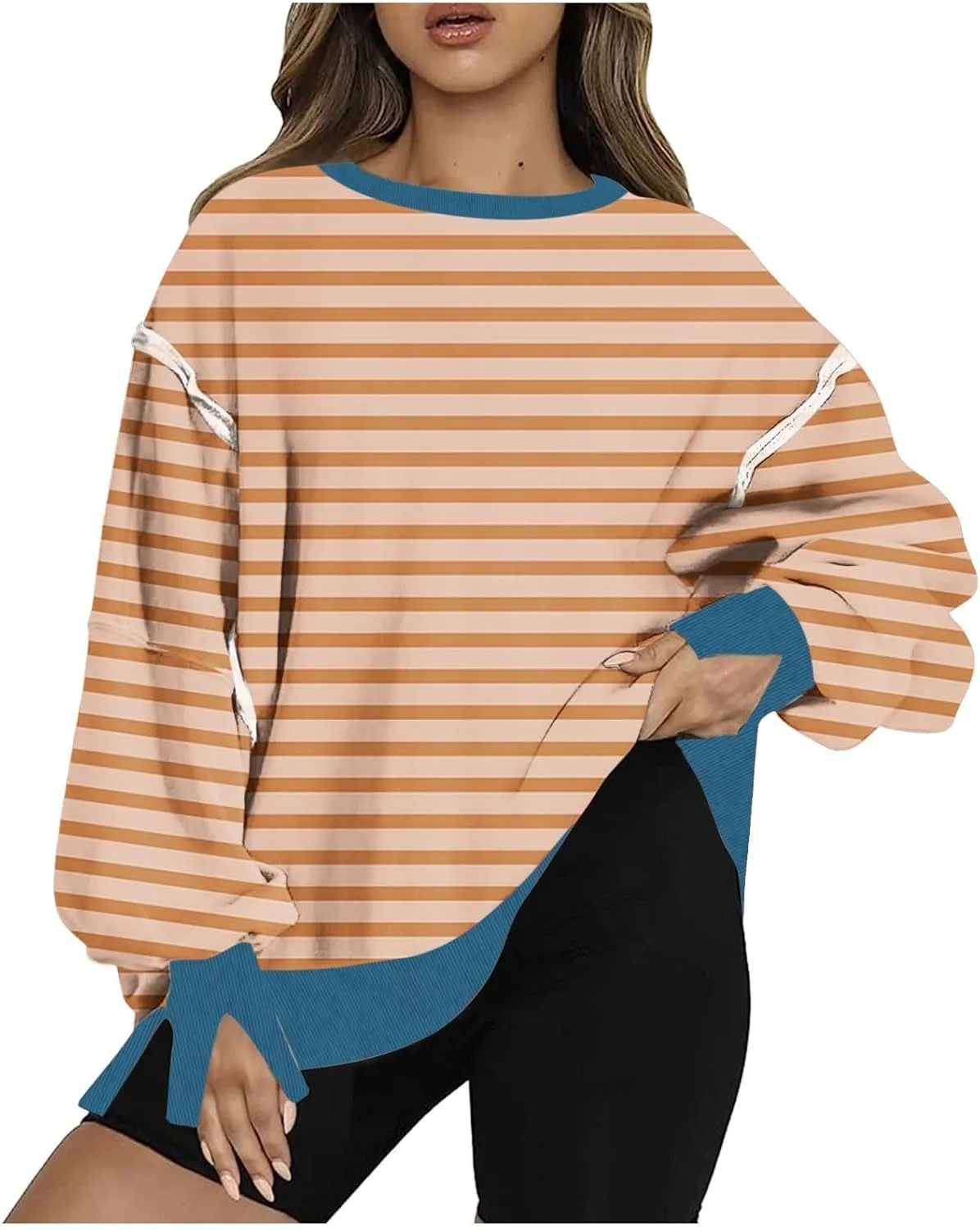 Womens Oversize Striped Sweatshirts Crew Neck Long Sleeve Top Patchwork Hoodie Irregular Hem Pullover Fall Clothes