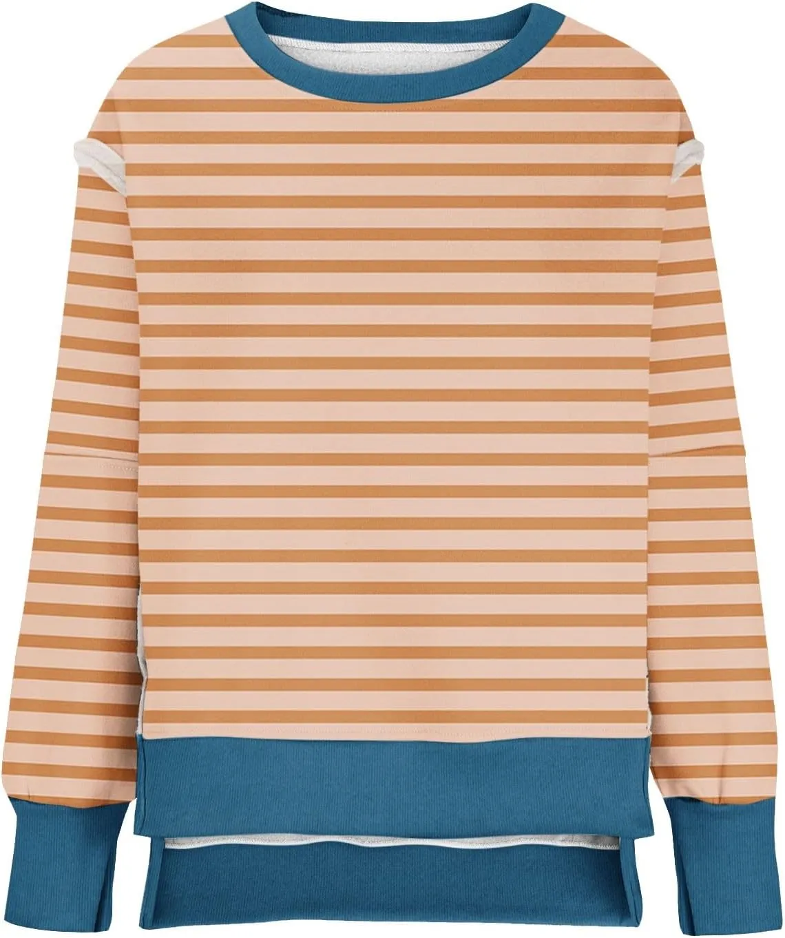 Womens Oversize Striped Sweatshirts Crew Neck Long Sleeve Top Patchwork Hoodie Irregular Hem Pullover Fall Clothes