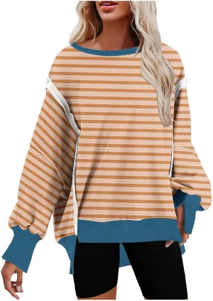 Womens Oversize Striped Sweatshirts Crew Neck Long Sleeve Top Patchwork Hoodie Irregular Hem Pullover Fall Clothes