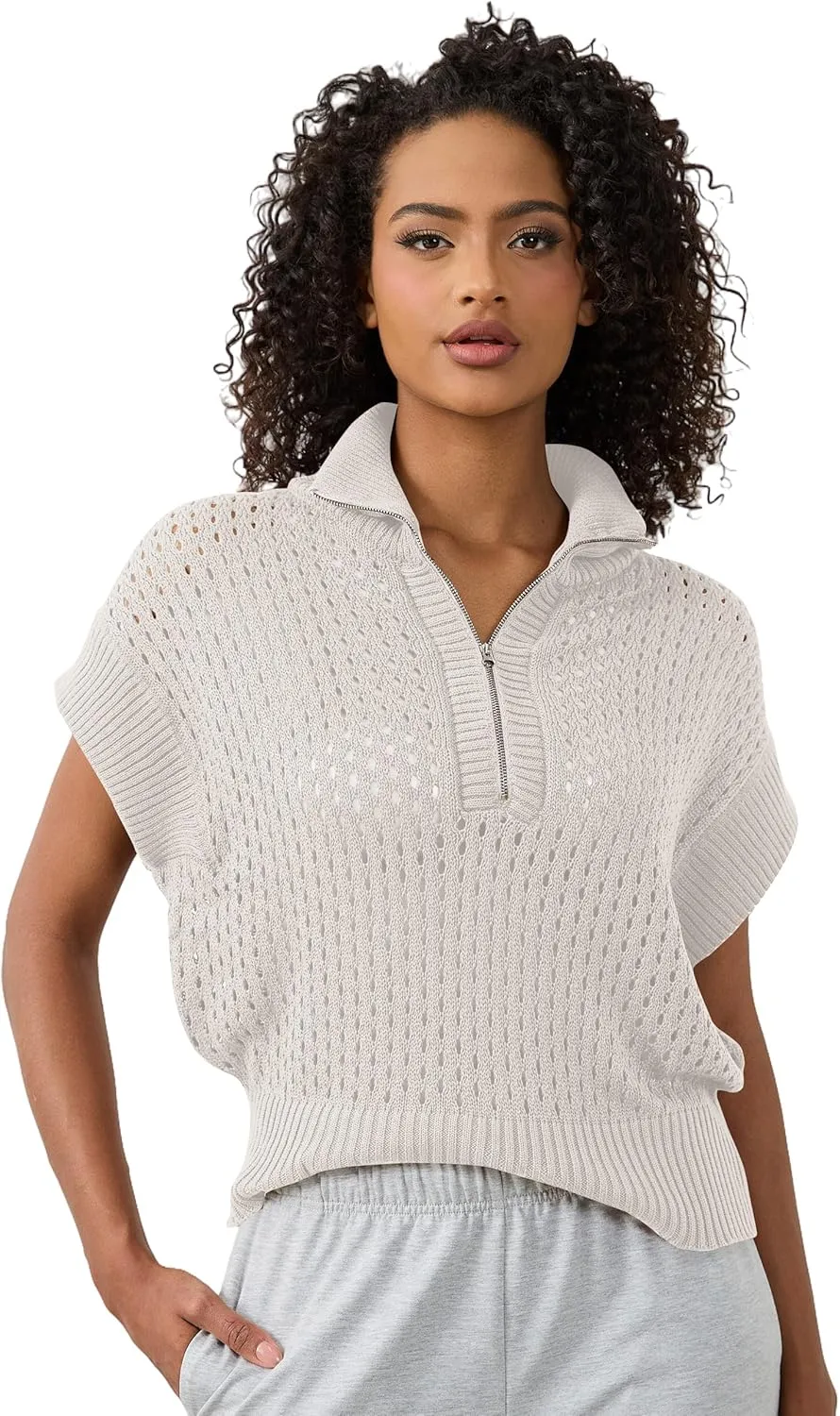 Womens Oversized Crochet Zip Sweater Vest Cap Sleeve Sweater Tops Casual Lapel Collar See Through Hollow Out Knit Top