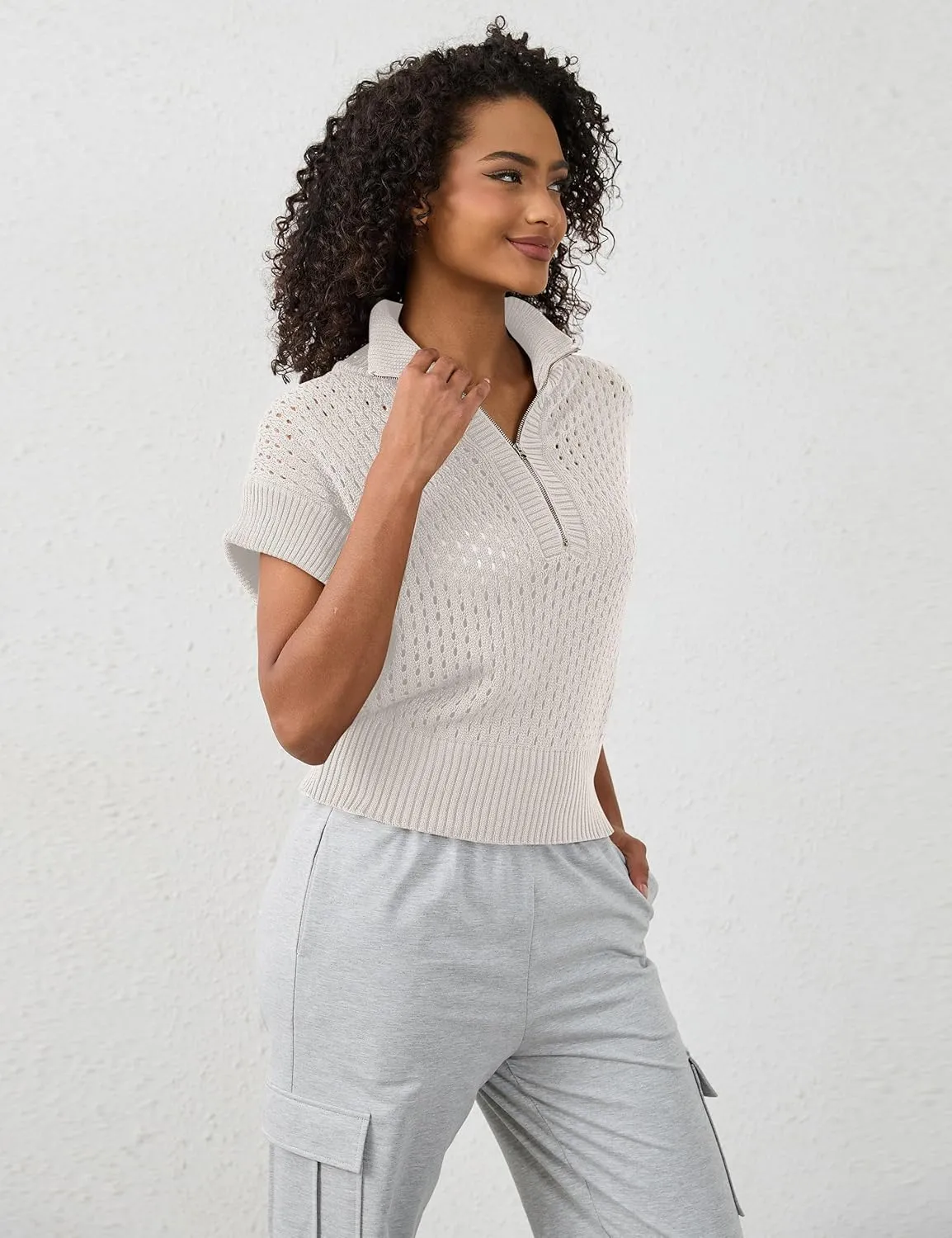 Womens Oversized Crochet Zip Sweater Vest Cap Sleeve Sweater Tops Casual Lapel Collar See Through Hollow Out Knit Top