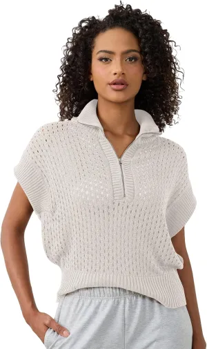 Womens Oversized Crochet Zip Sweater Vest Cap Sleeve Sweater Tops Casual Lapel Collar See Through Hollow Out Knit Top