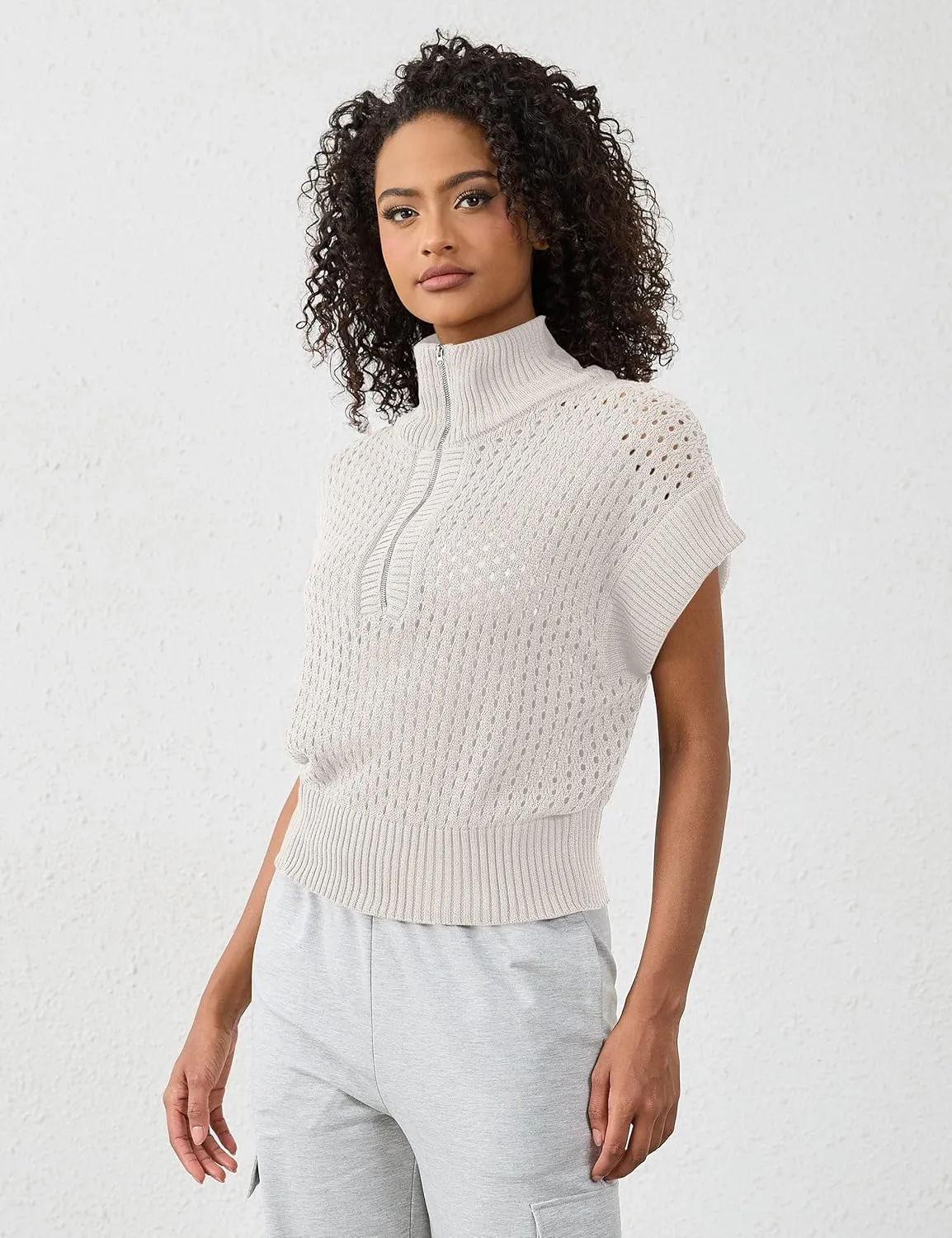 Womens Oversized Crochet Zip Sweater Vest Cap Sleeve Sweater Tops Casual Lapel Collar See Through Hollow Out Knit Top