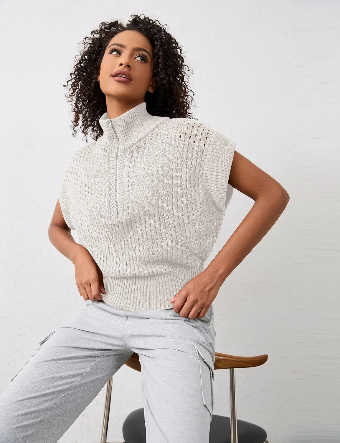 Womens Oversized Crochet Zip Sweater Vest Cap Sleeve Sweater Tops Casual Lapel Collar See Through Hollow Out Knit Top