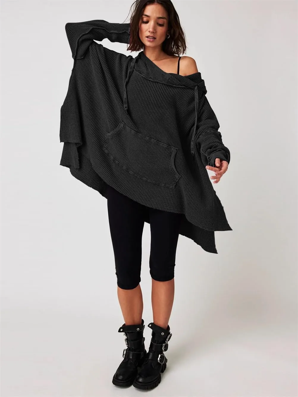 Womens Oversized Hoodie Sweatshirt with High-Low Hem and Pockets, Womens Casual Waffle Knit Hoodies
