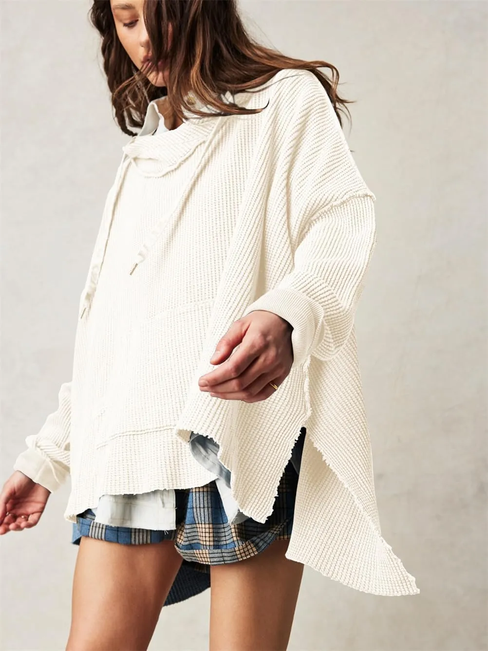 Womens Oversized Hoodie Sweatshirt with High-Low Hem and Pockets, Womens Casual Waffle Knit Hoodies