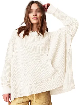 Womens Oversized Hoodie Sweatshirt with High-Low Hem and Pockets, Womens Casual Waffle Knit Hoodies
