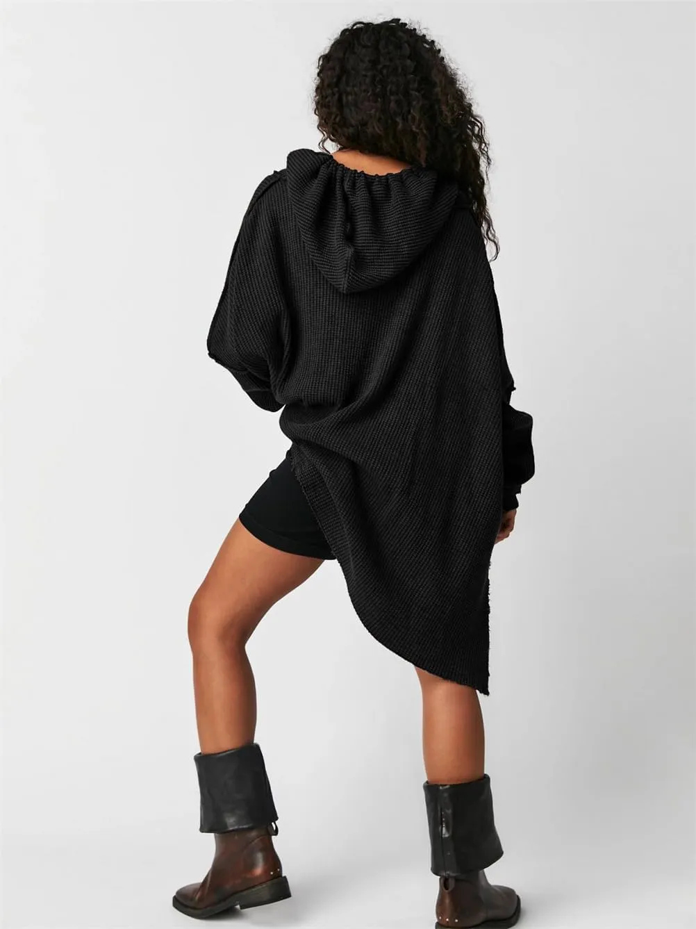 Womens Oversized Hoodie Sweatshirt with High-Low Hem and Pockets, Womens Casual Waffle Knit Hoodies