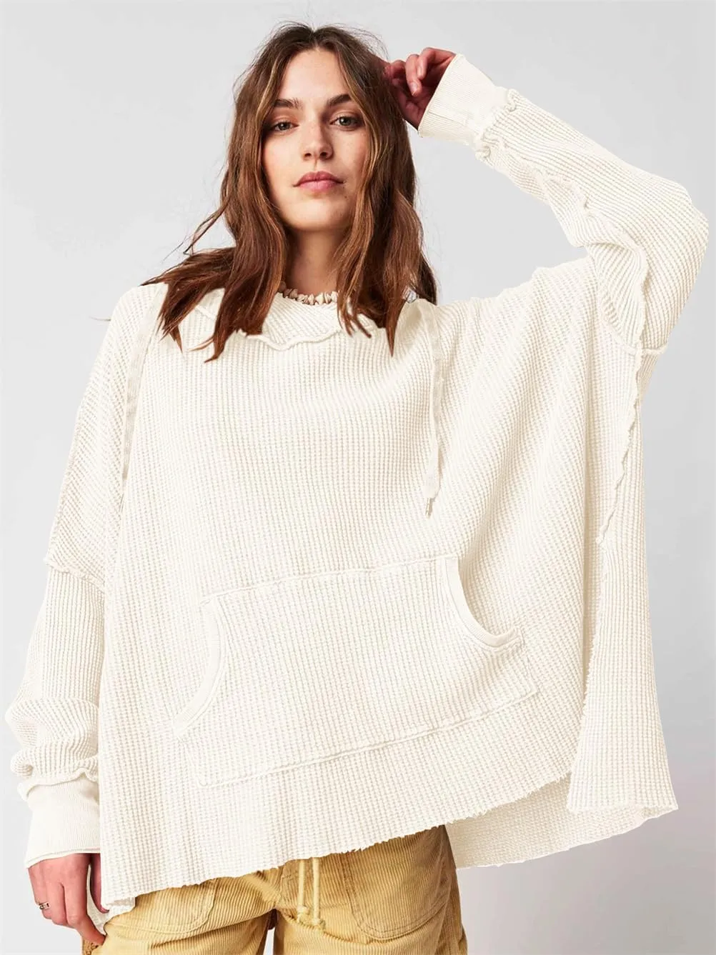 Womens Oversized Hoodie Sweatshirt with High-Low Hem and Pockets, Womens Casual Waffle Knit Hoodies