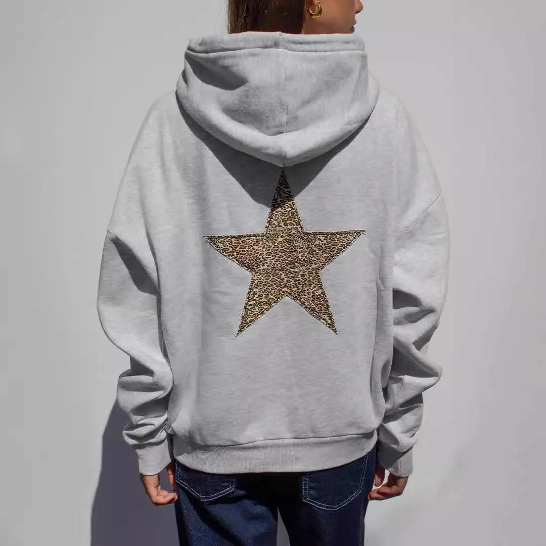 Womens Oversized Leopard Star Graphic Hoodies Long Sleeve Hoodie Pullover Hooded Sweatshirt Aesthetic Hoodie