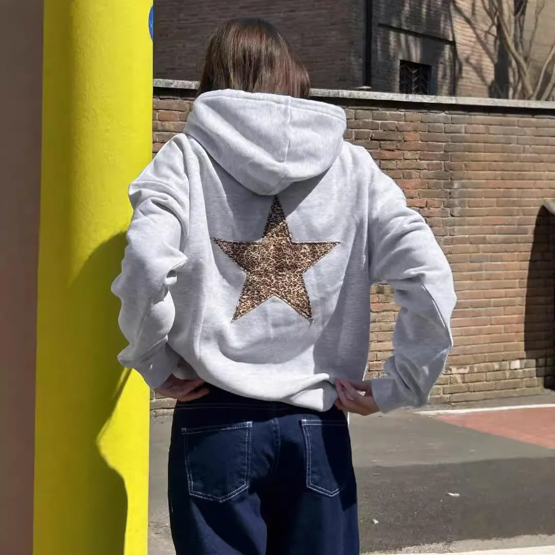 Womens Oversized Leopard Star Graphic Hoodies Long Sleeve Hoodie Pullover Hooded Sweatshirt Aesthetic Hoodie