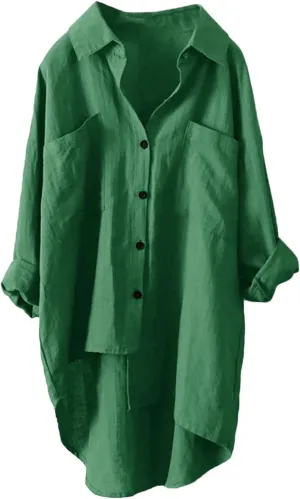 Women's Oversized Long Sleeve Cotton Linen Shirts Button Down Vacation Blouses High Low Hem Flowy Long Tail Shirts